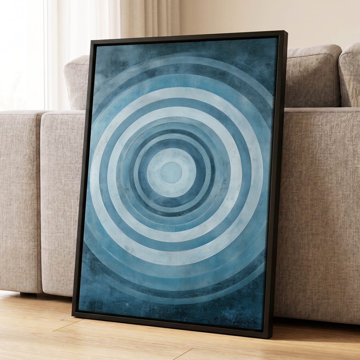 Cerulean Ripple, blue, white, gray minimalist wall art displayed in a styled interior, gallery view 4