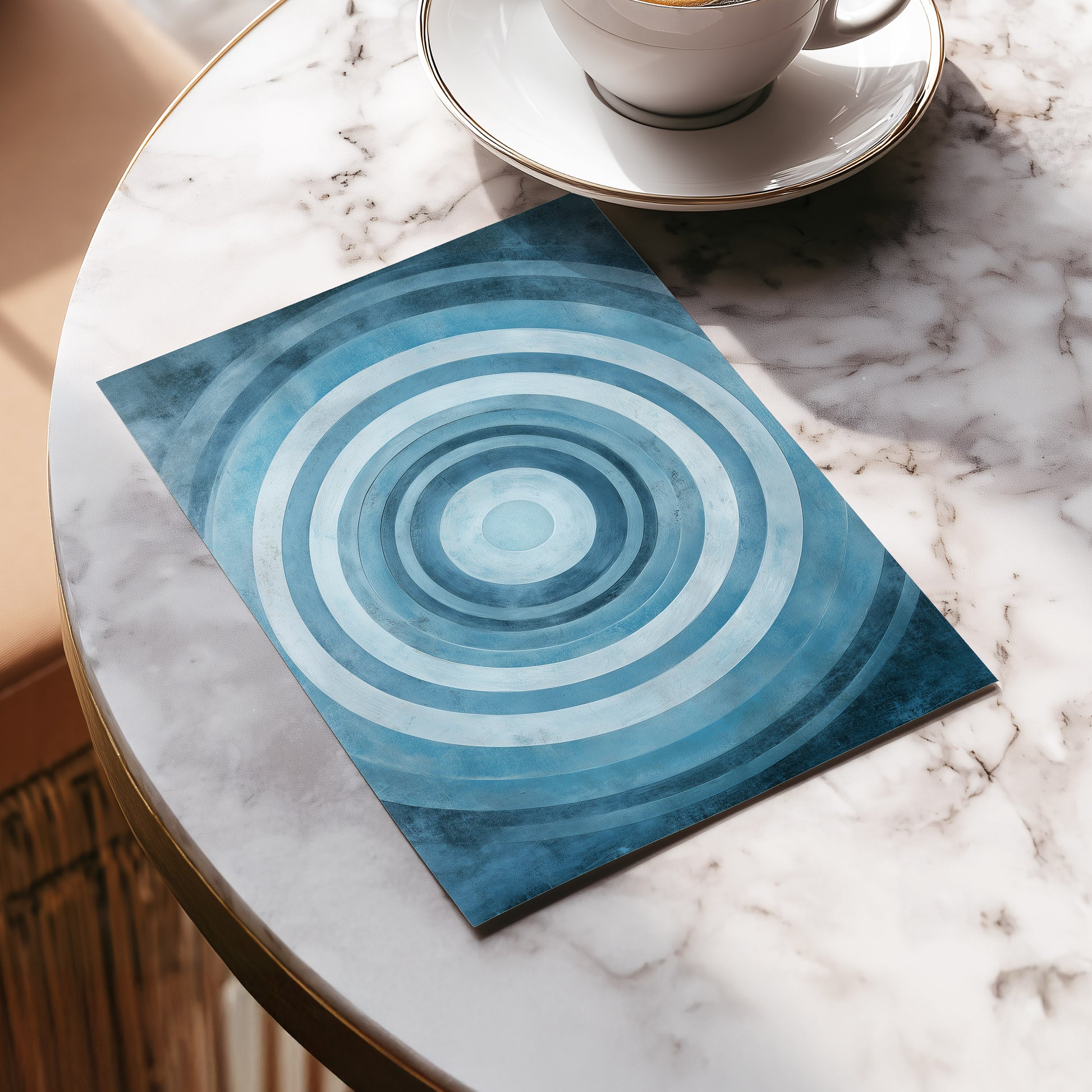 Cerulean Ripple, blue, white, gray minimalist wall art displayed in a styled interior, gallery view 5
