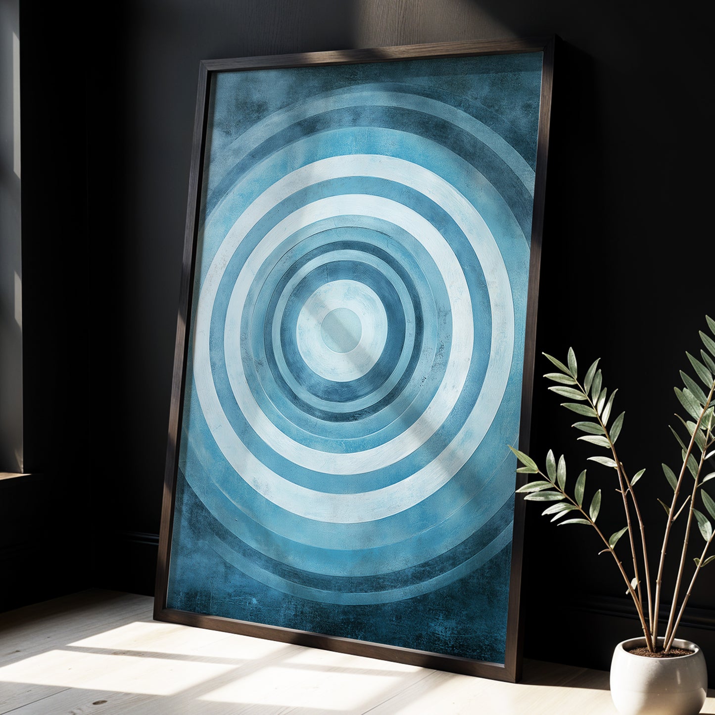 Cerulean Ripple, blue, white, gray minimalist wall art displayed in a styled interior, gallery view 6