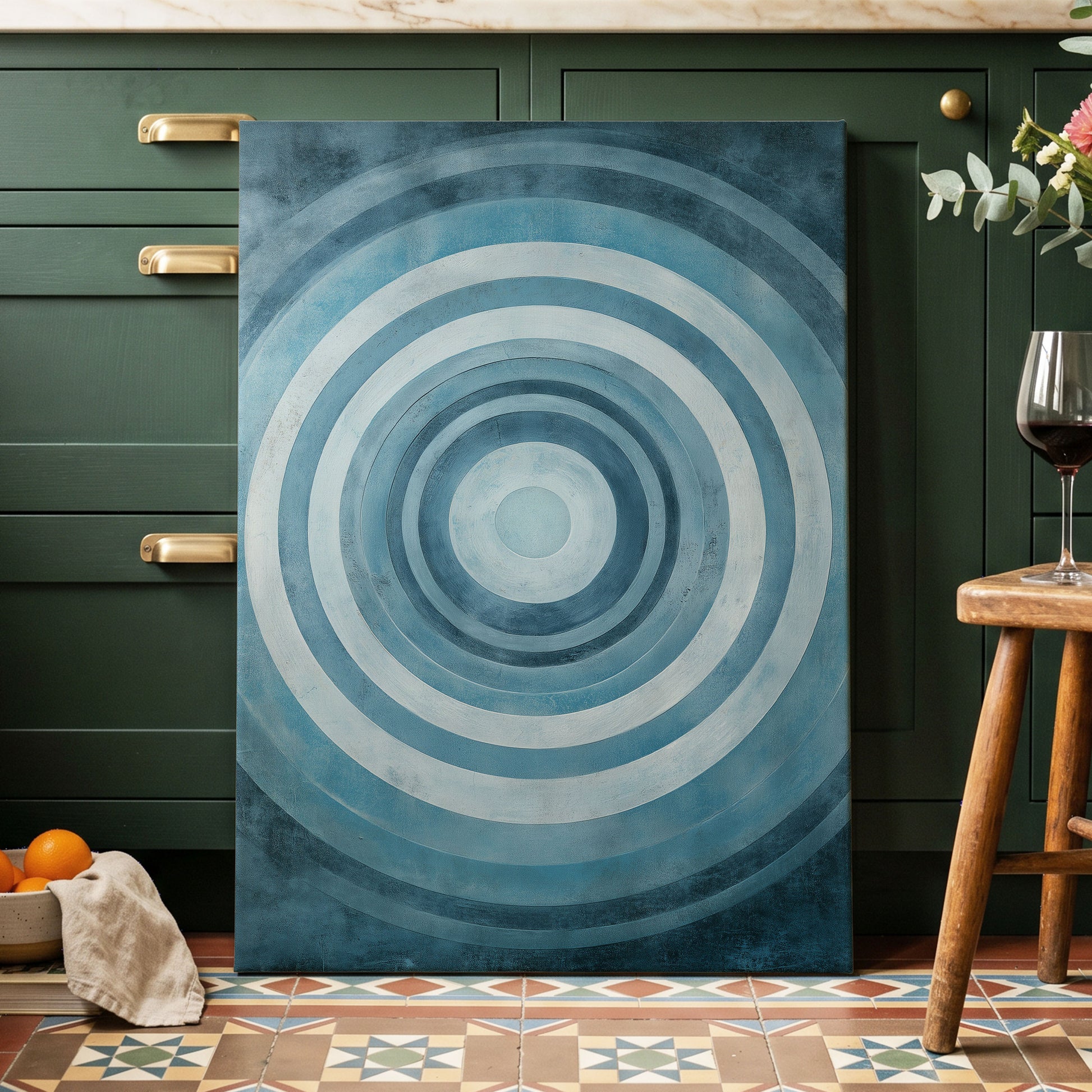 Cerulean Ripple, blue, white, gray minimalist wall art displayed in a styled interior, gallery view 7
