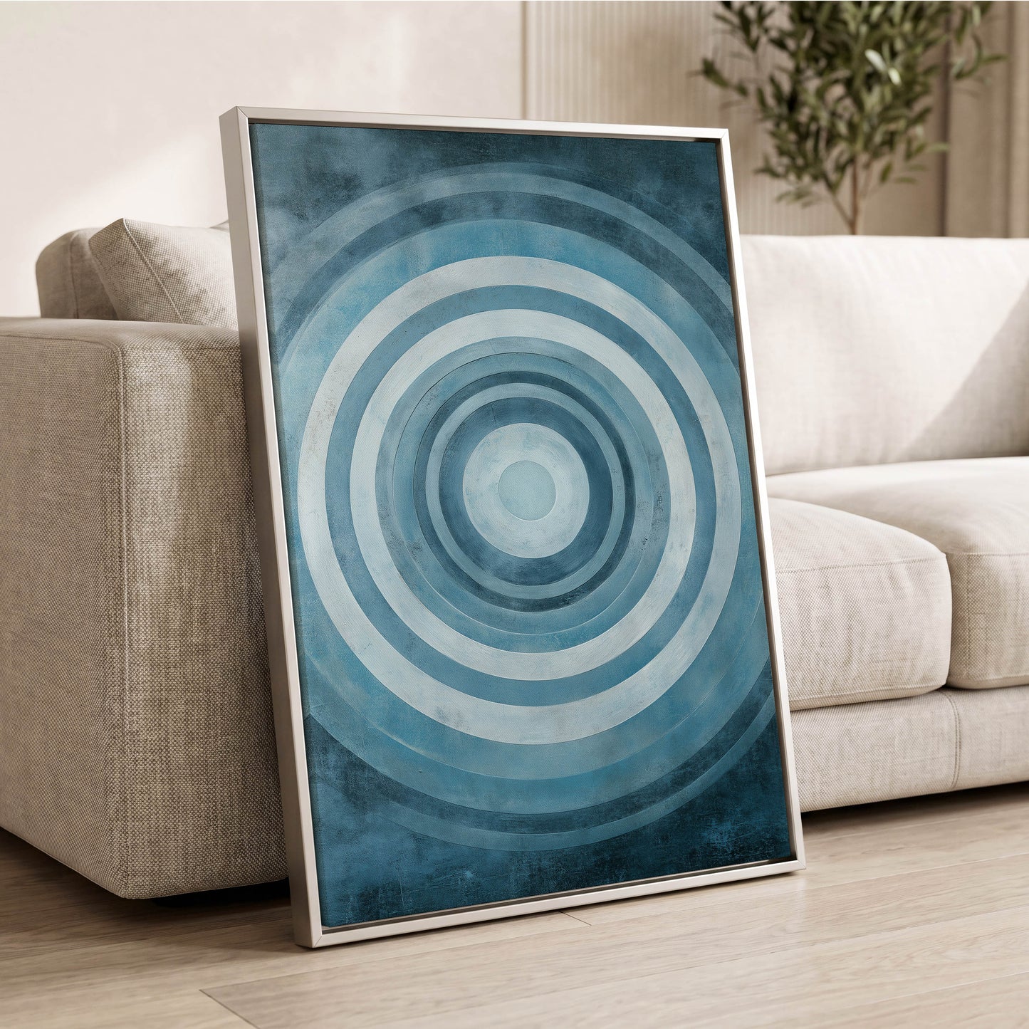 Cerulean Ripple, blue, white, gray minimalist wall art displayed in a styled interior, gallery view 8