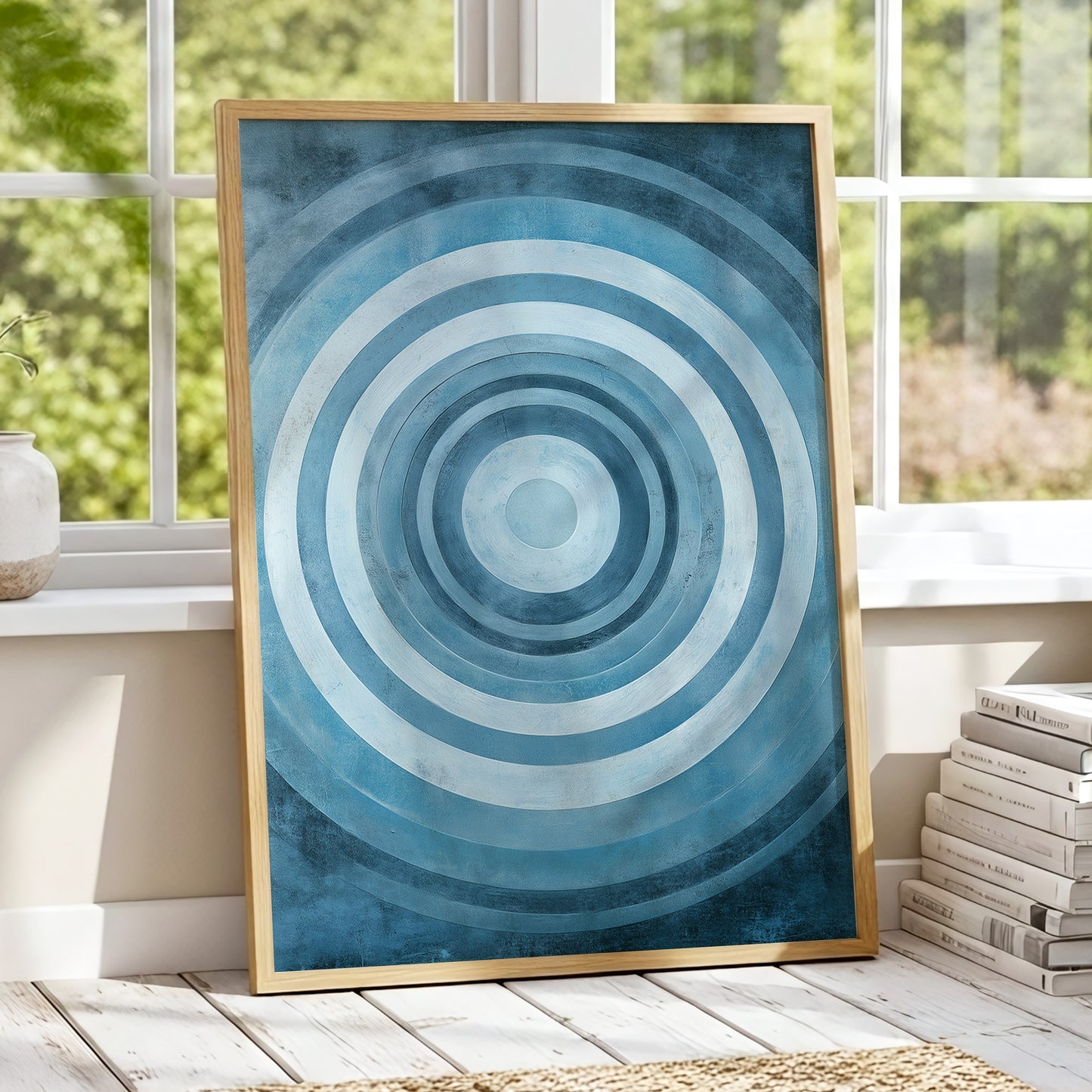 Cerulean Ripple, blue, white, gray minimalist wall art displayed in a styled interior, gallery view 9