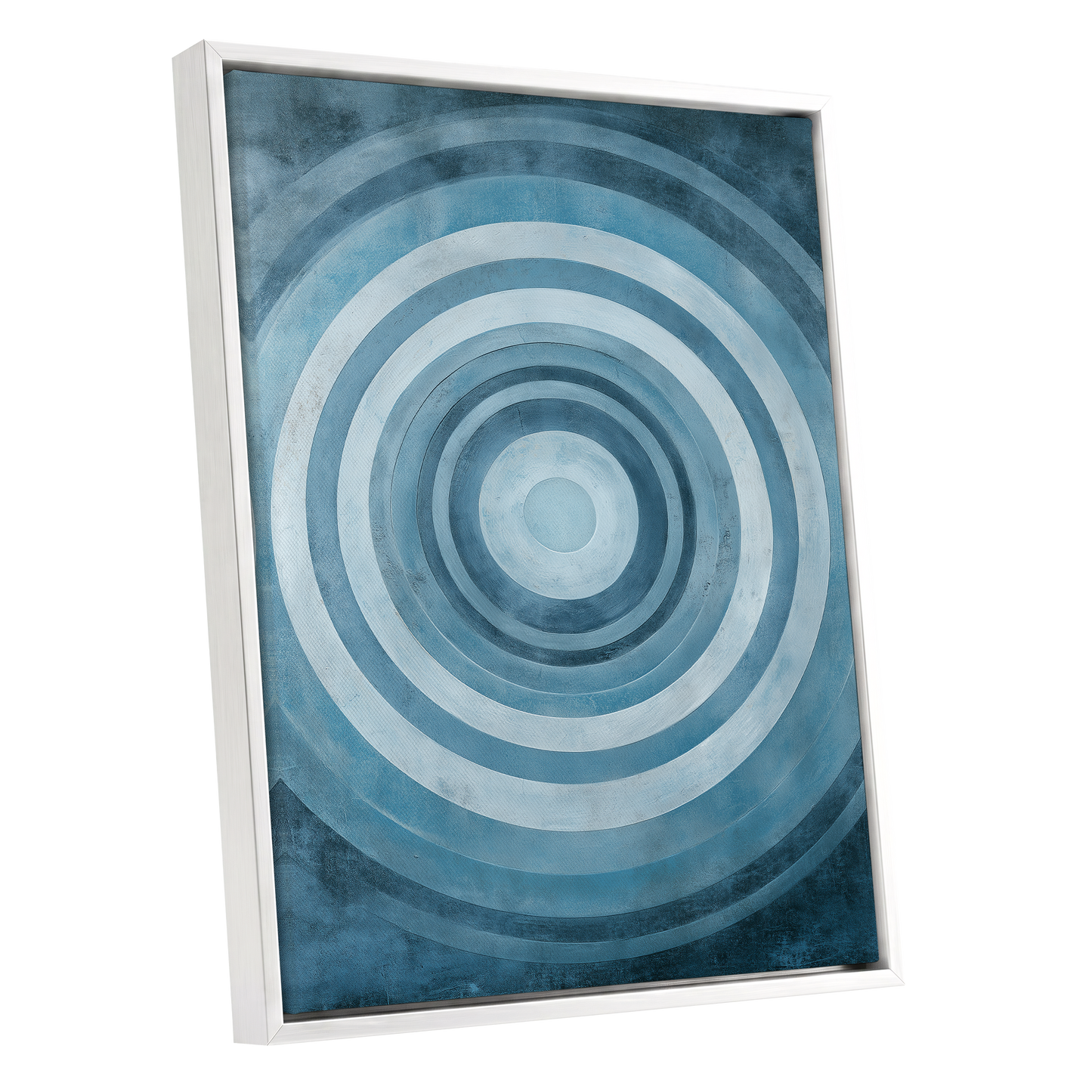 Cerulean Ripple, blue, white, gray minimalist wall art shown as a white framed canvas wall art