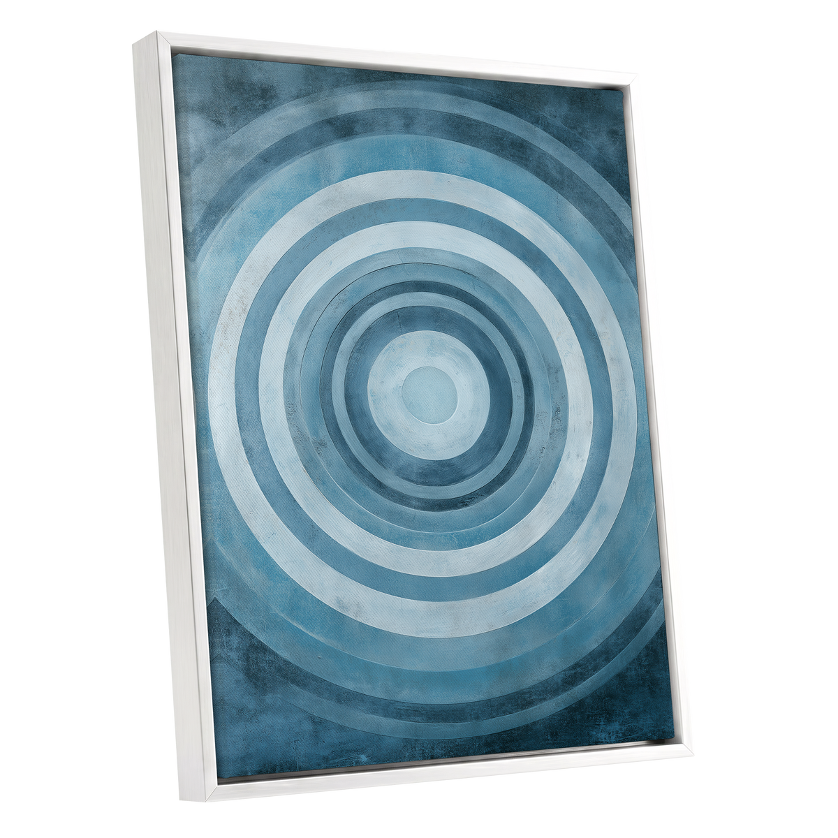 Cerulean Ripple, blue, white, gray minimalist wall art shown as a white framed canvas wall art