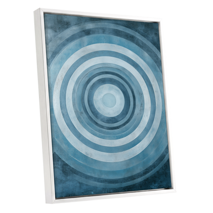 Cerulean Ripple, blue, white, gray minimalist wall art shown as a white framed canvas wall art