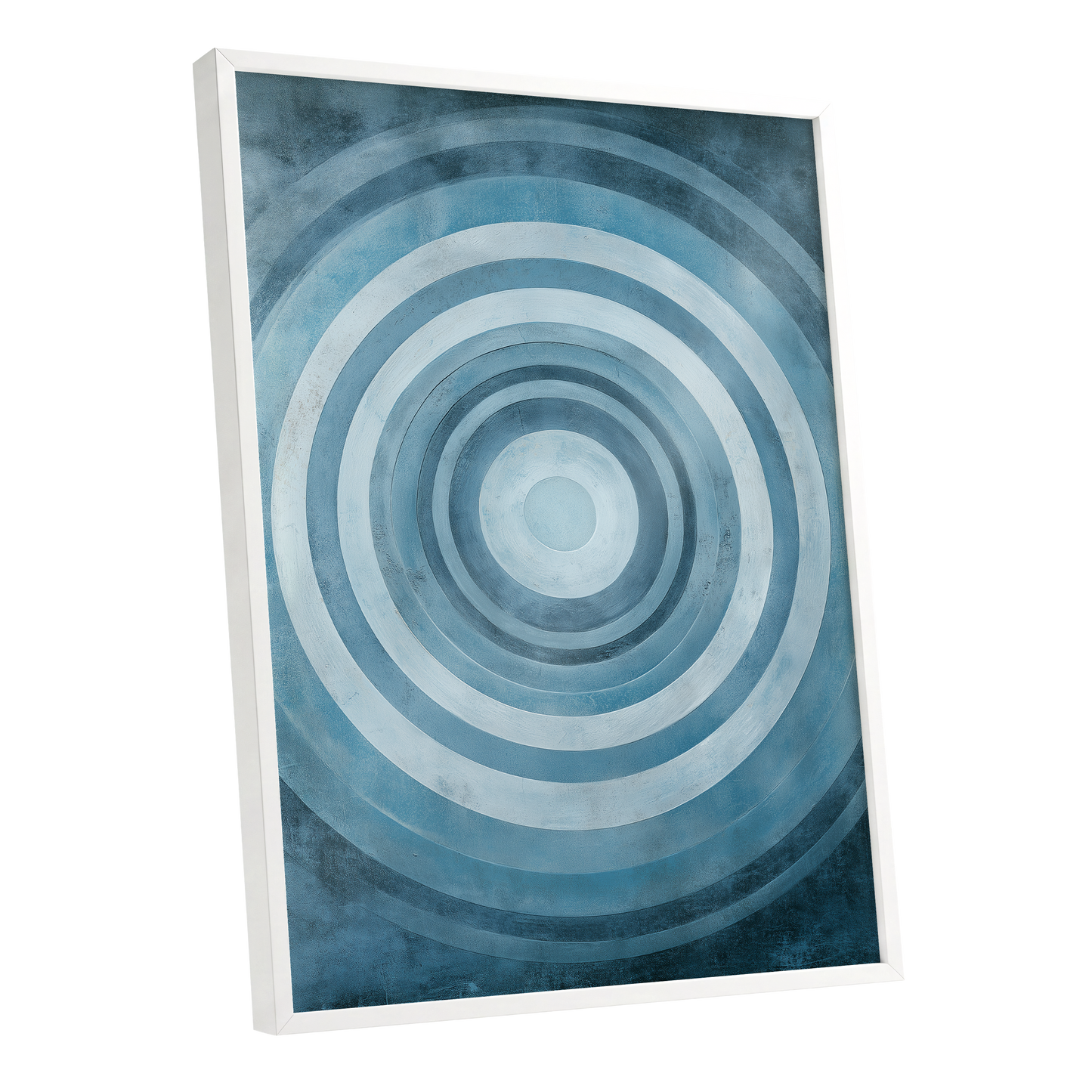 Cerulean Ripple, blue, white, gray minimalist wall art shown as a white framed poster wall art print
