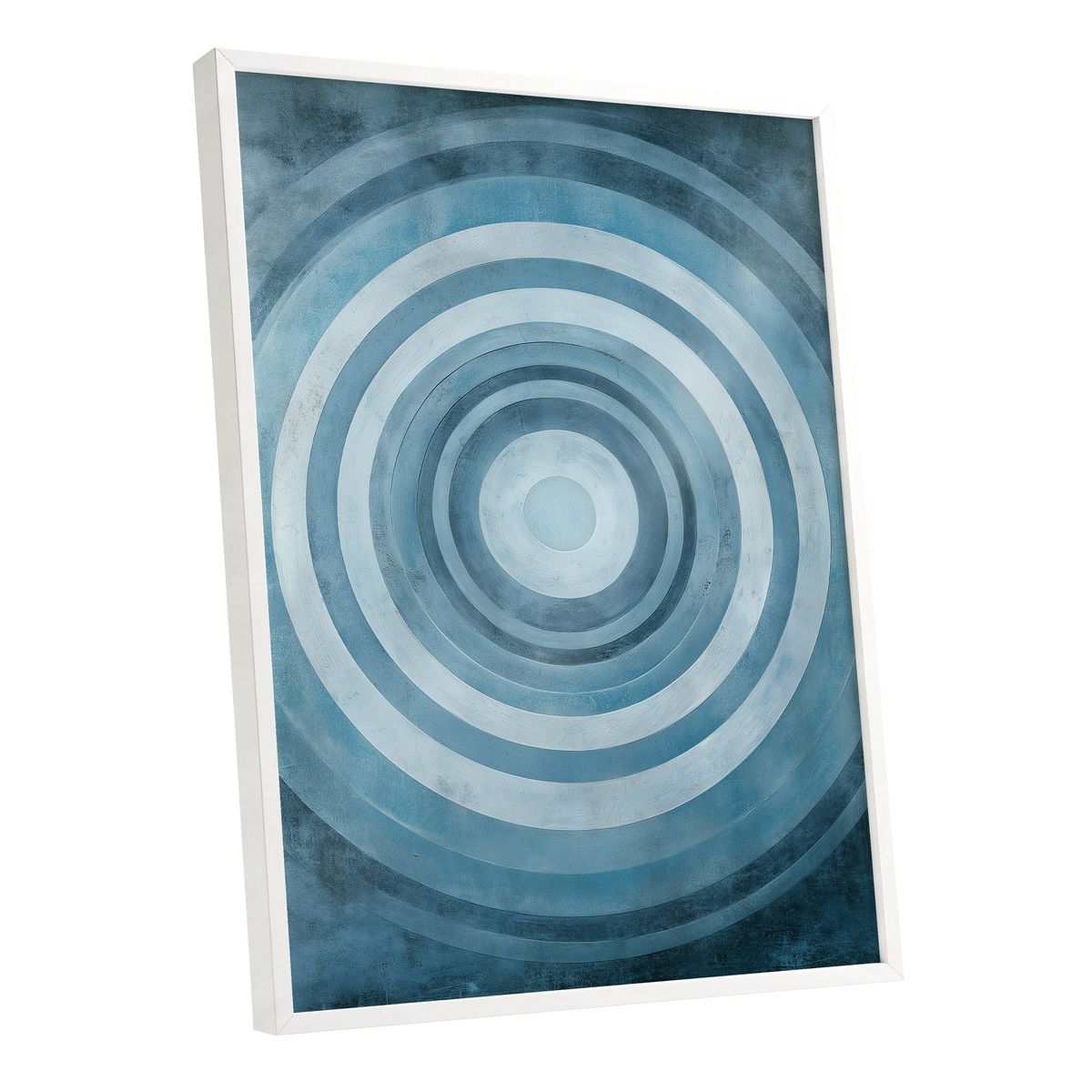 Cerulean Ripple, blue, white, gray minimalist wall art shown as a white framed poster wall art print