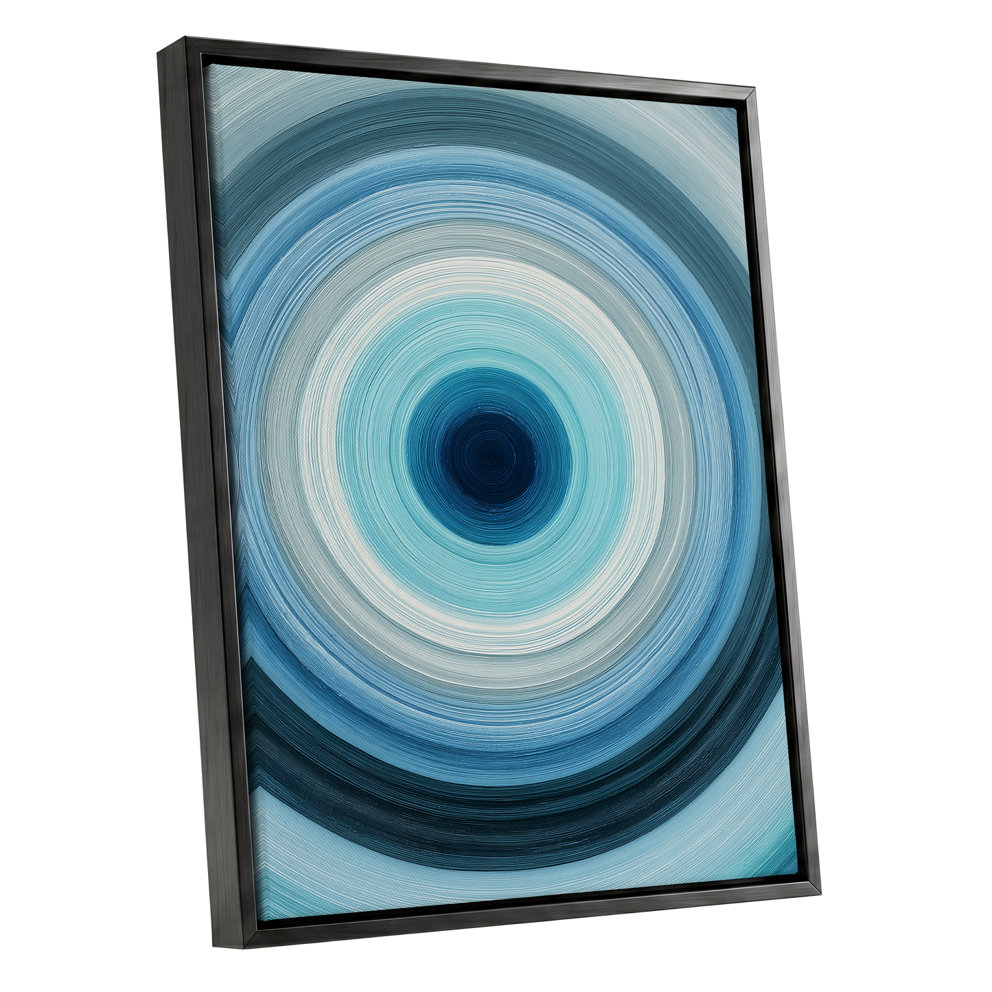 Cerulean Vortex, blue, white, gray abstract wall art shown as a black framed canvas wall art