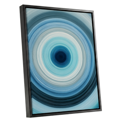 Cerulean Vortex, blue, white, gray abstract wall art shown as a black framed canvas wall art