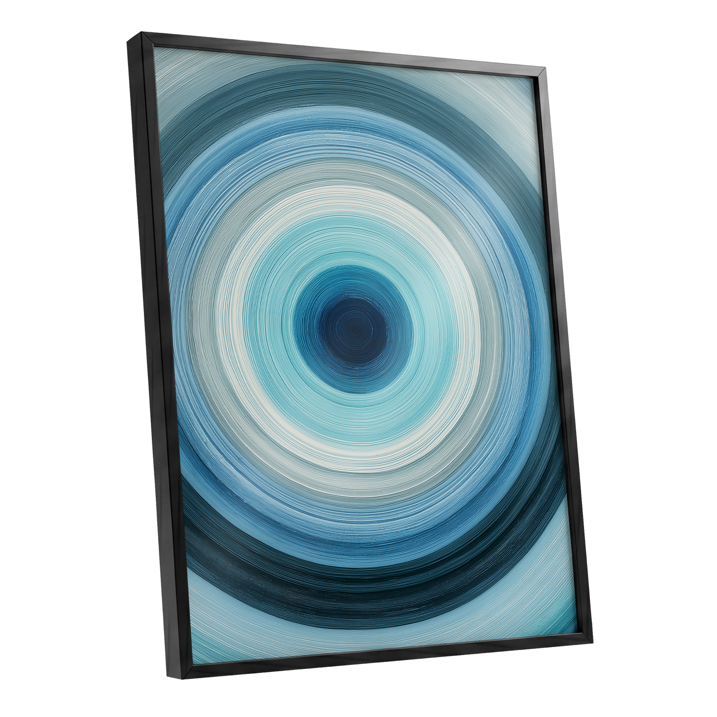 Cerulean Vortex, blue, white, gray abstract wall art shown as a black framed poster wall art print