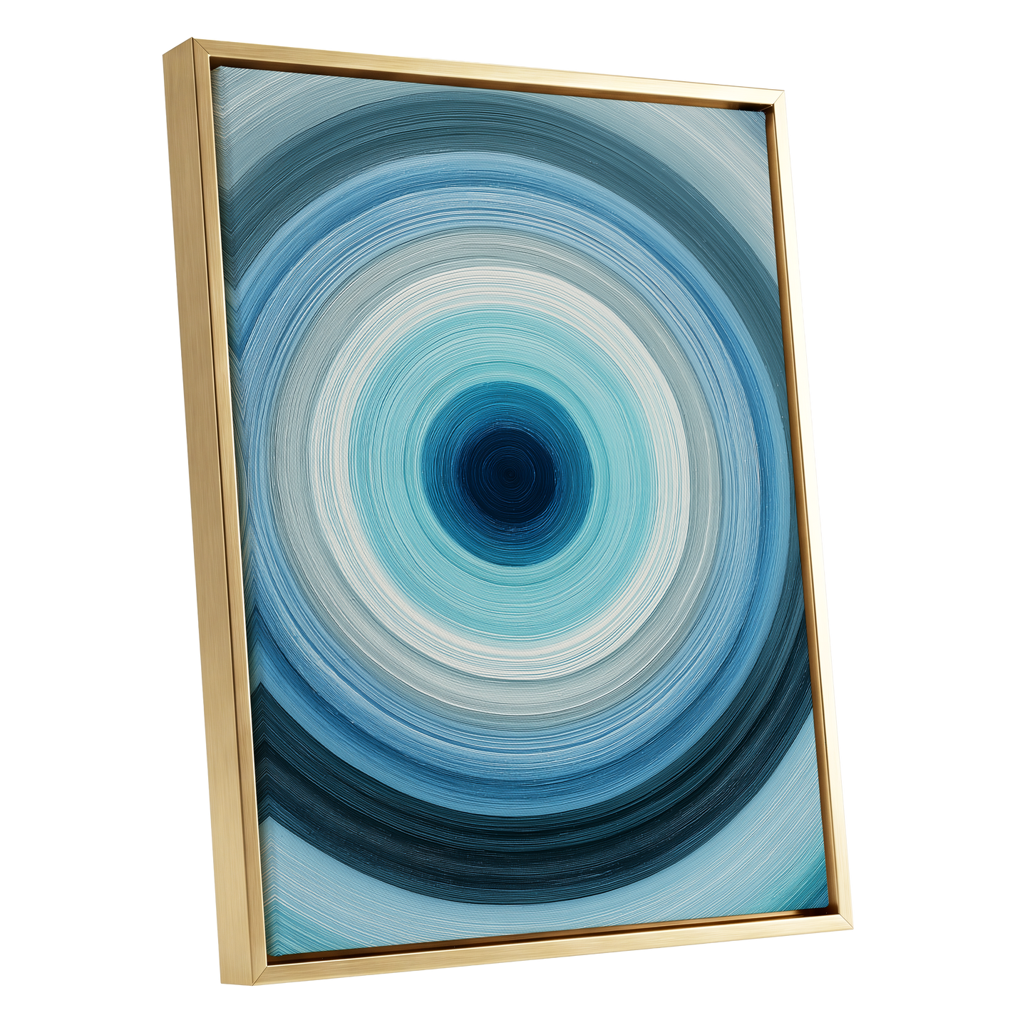 Cerulean Vortex, blue, white, gray abstract wall art shown as a gold framed canvas wall art