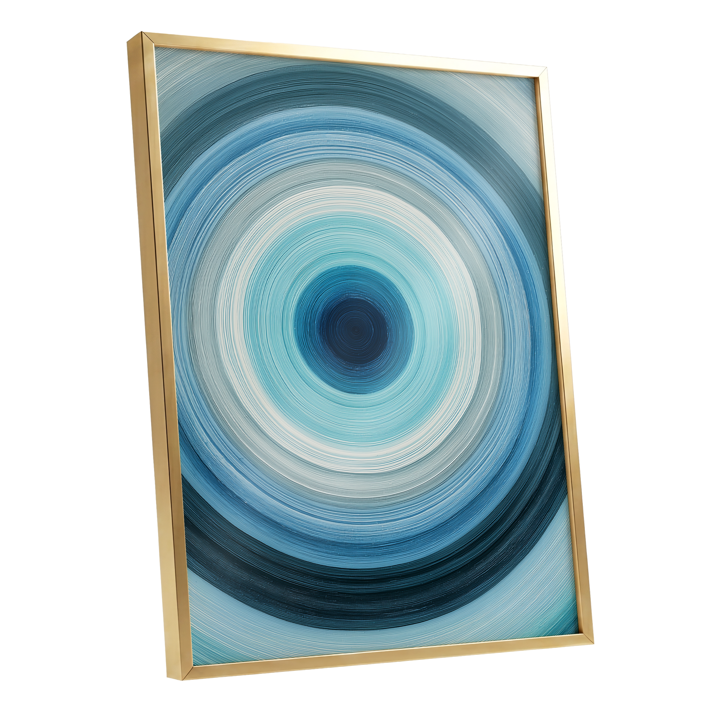 Cerulean Vortex, blue, white, gray abstract wall art shown as a gold framed poster wall art print