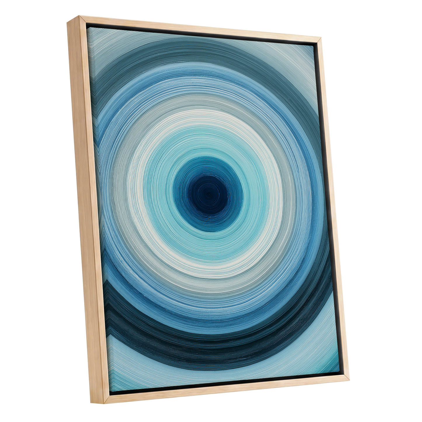 Cerulean Vortex, blue, white, gray abstract wall art shown as a oak framed canvas wall art