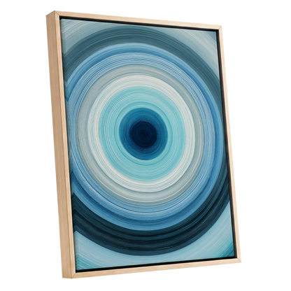 Cerulean Vortex, blue, white, gray abstract wall art shown as a oak framed canvas wall art