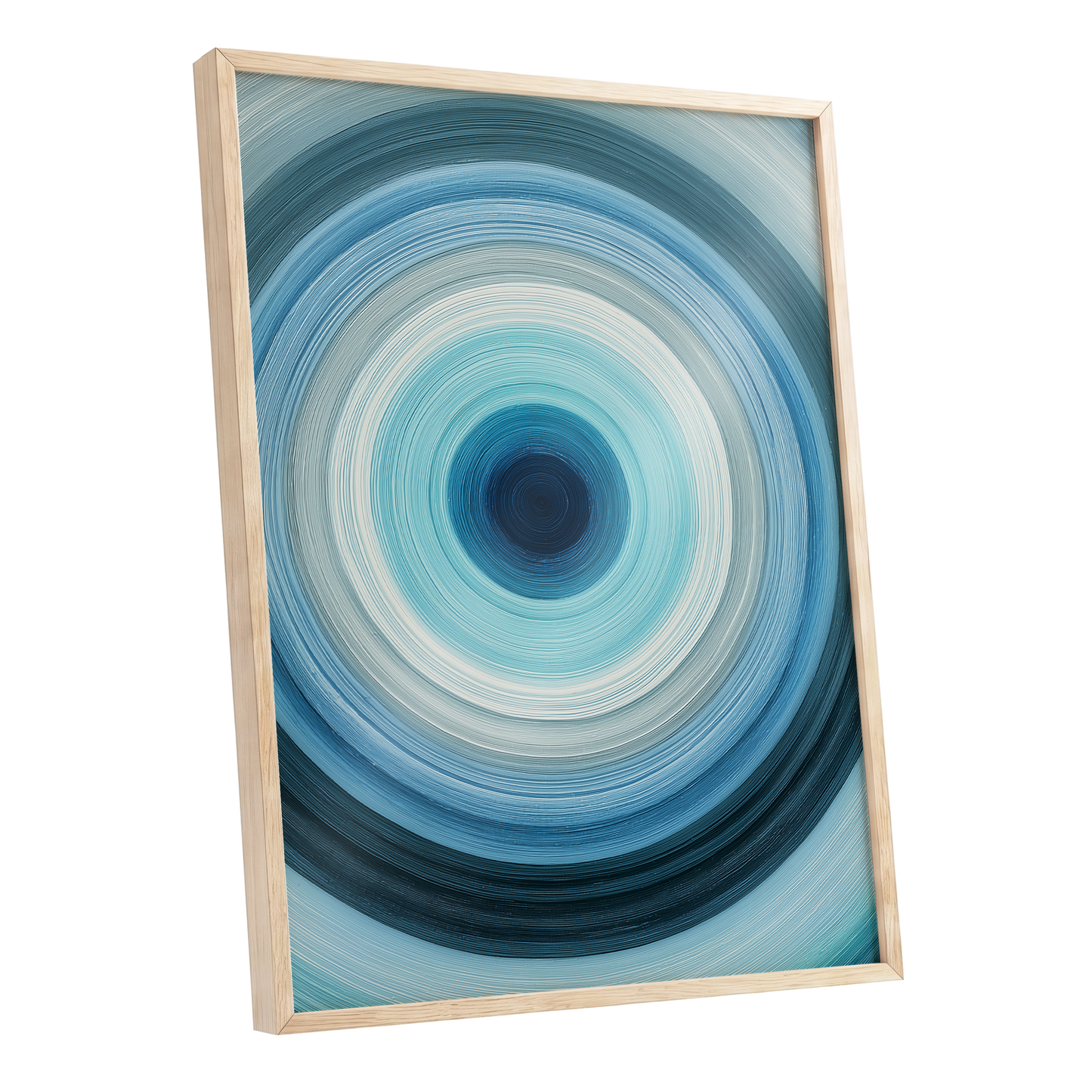 Cerulean Vortex, blue, white, gray abstract wall art shown as a oak framed poster wall art print
