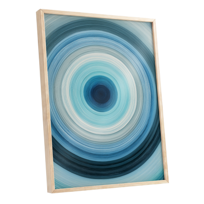Cerulean Vortex, blue, white, gray abstract wall art shown as a oak framed poster wall art print