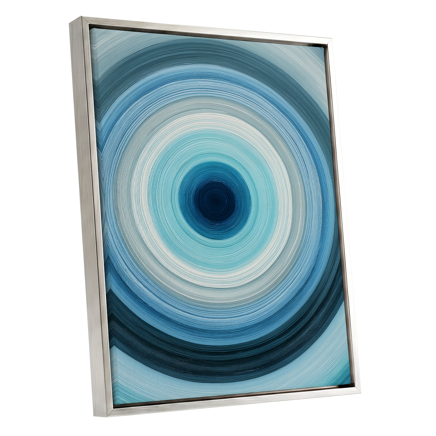 Cerulean Vortex, blue, white, gray abstract wall art shown as a silver framed canvas wall art