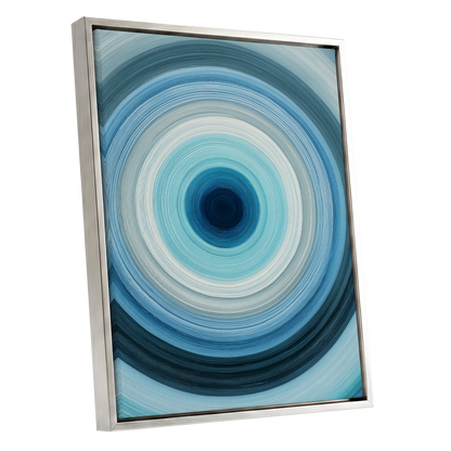 Cerulean Vortex, blue, white, gray abstract wall art shown as a silver framed canvas wall art