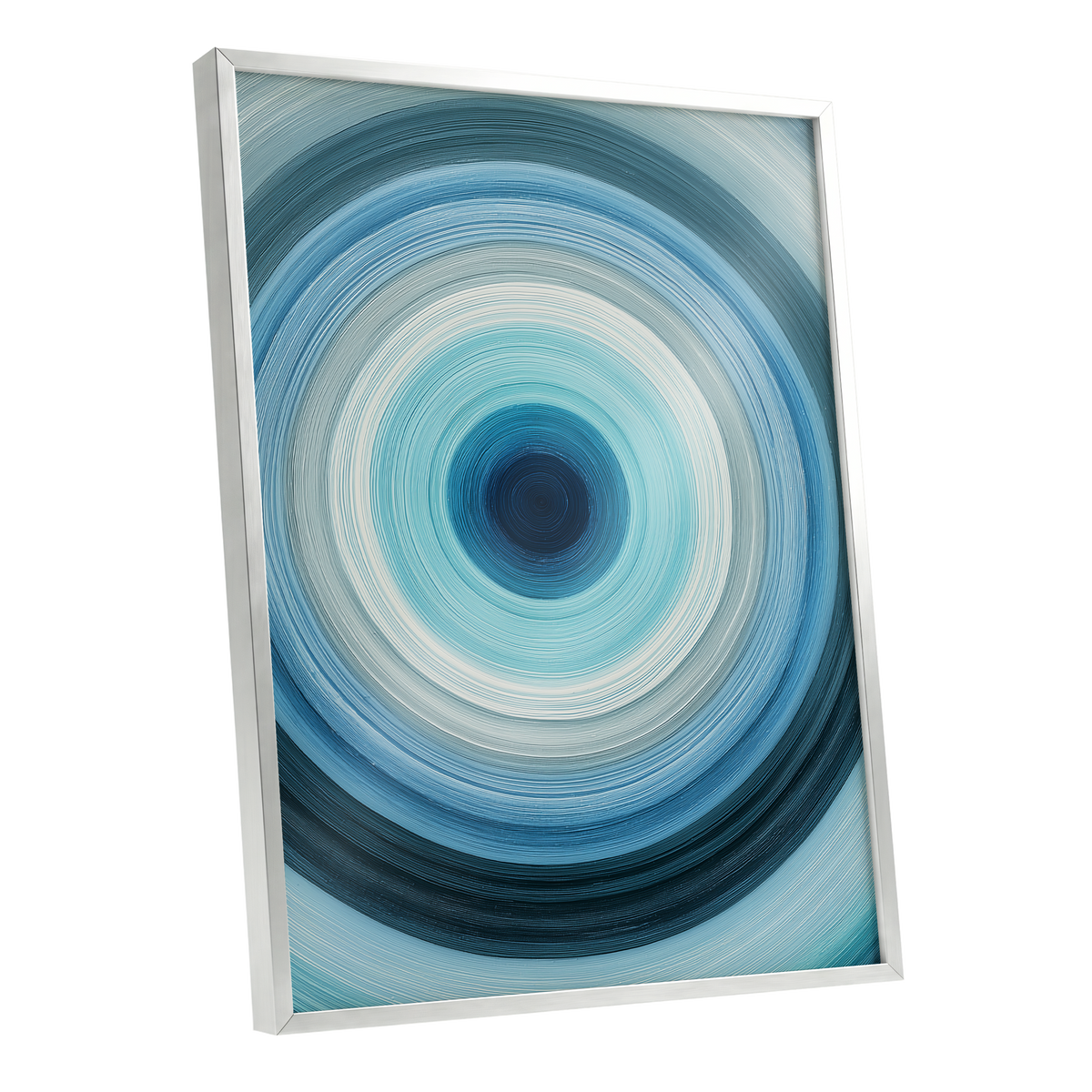 Cerulean Vortex, blue, white, gray abstract wall art shown as a silver framed poster wall art print