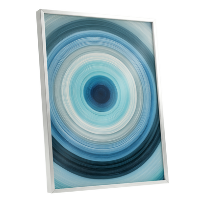 Cerulean Vortex, blue, white, gray abstract wall art shown as a silver framed poster wall art print