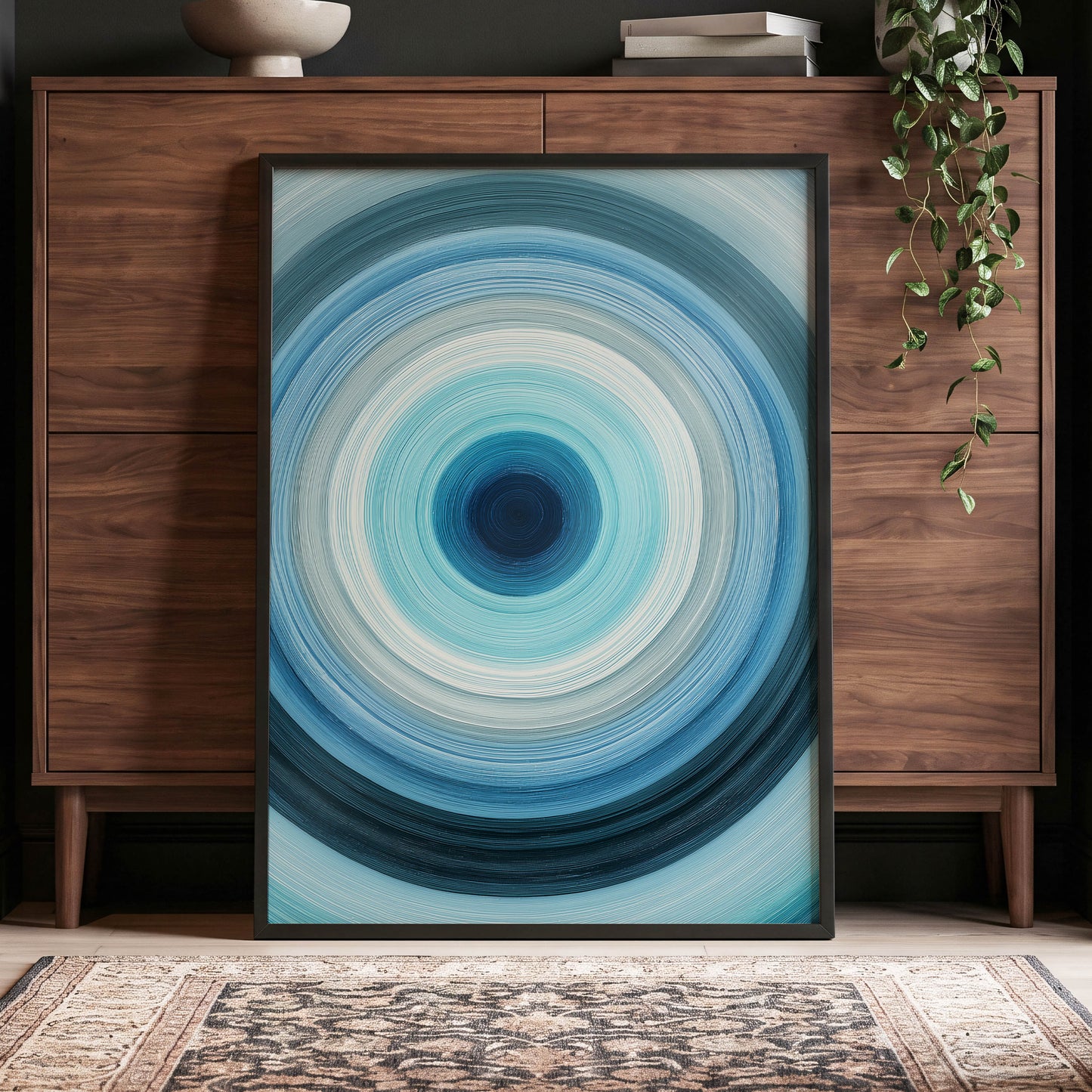 Cerulean Vortex, blue, white, gray abstract wall art displayed in a styled interior, gallery view 2