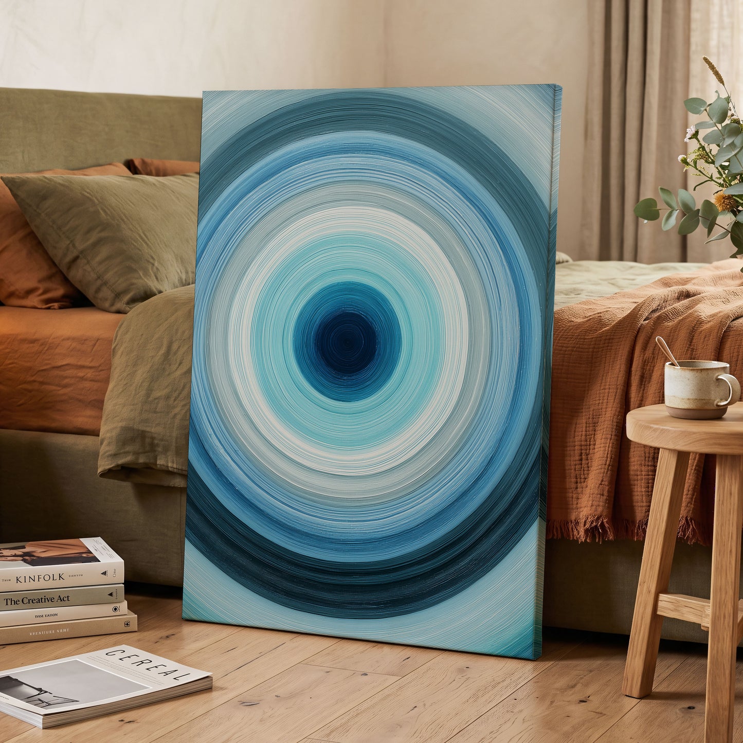 Cerulean Vortex, blue, white, gray abstract wall art displayed in a styled interior, gallery view 3