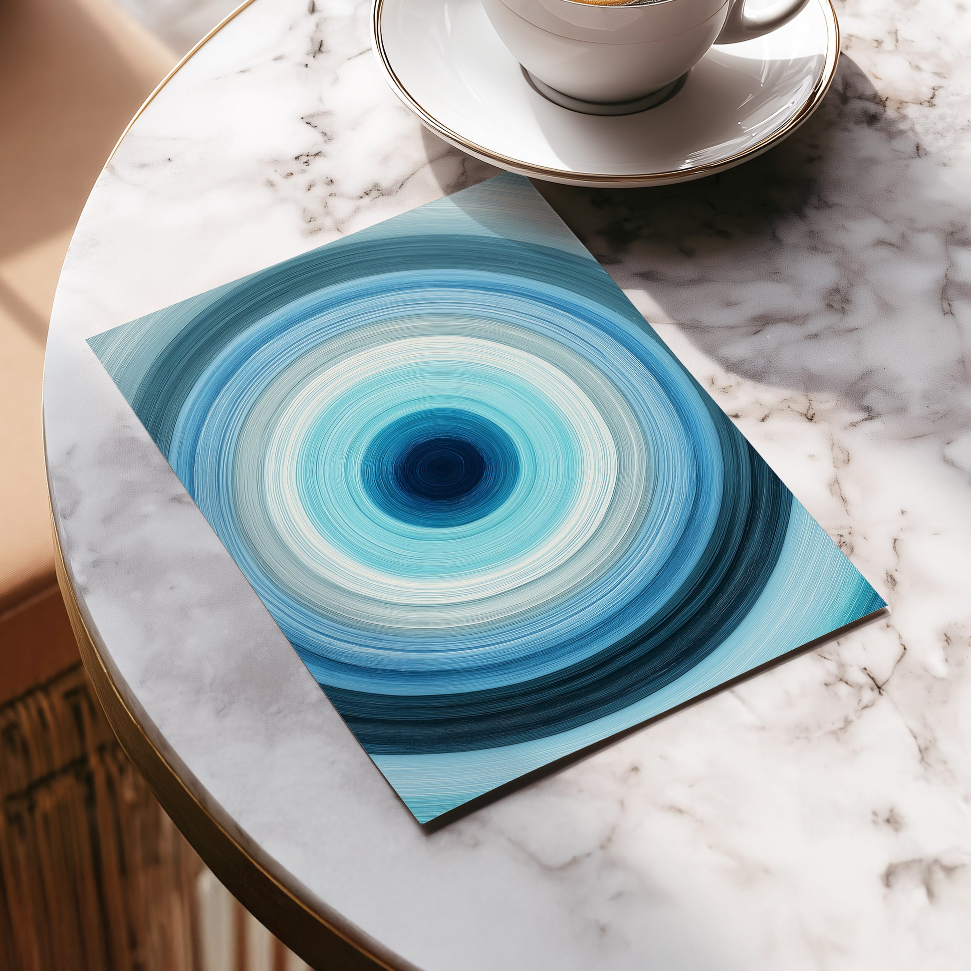 Cerulean Vortex, blue, white, gray abstract wall art displayed in a styled interior, gallery view 5