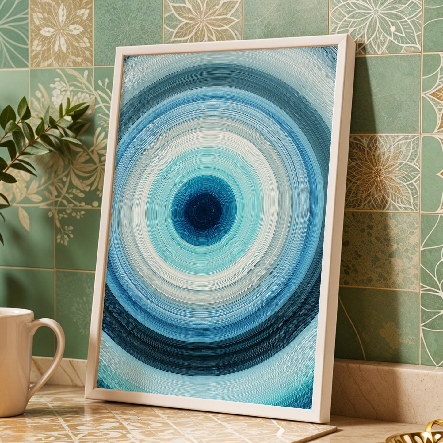 Cerulean Vortex, blue, white, gray abstract wall art displayed in a styled interior, gallery view 6