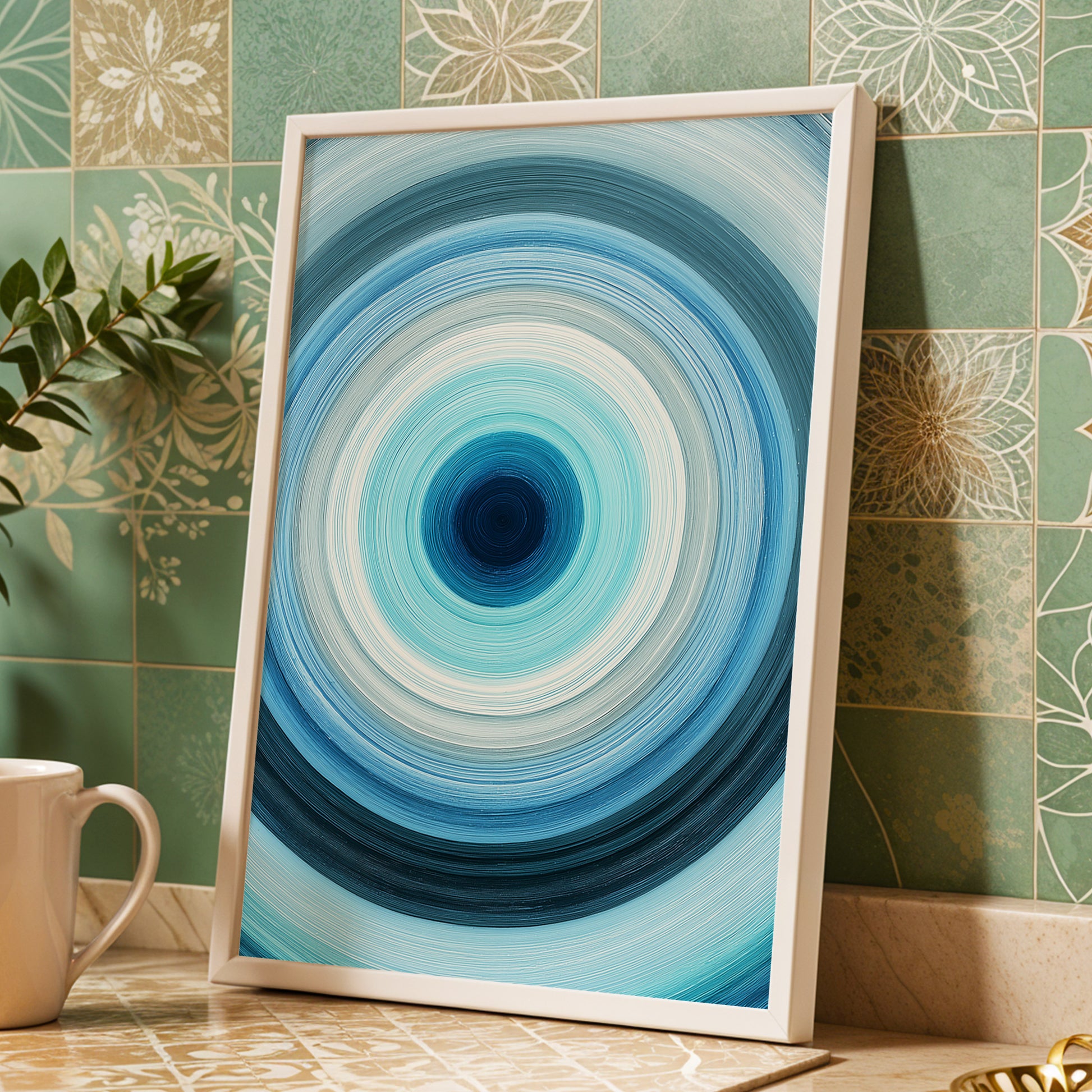 Cerulean Vortex, blue, white, gray abstract wall art displayed in a styled interior, gallery view 6
