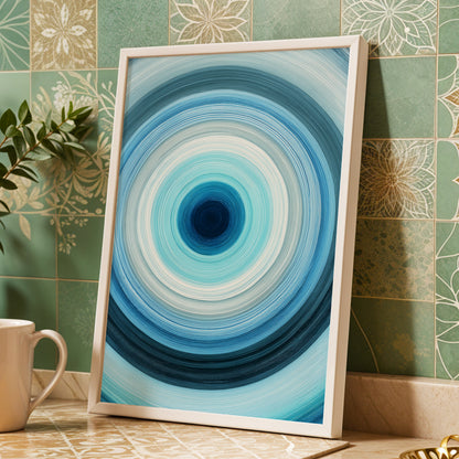 Cerulean Vortex, blue, white, gray abstract wall art displayed in a styled interior, gallery view 6