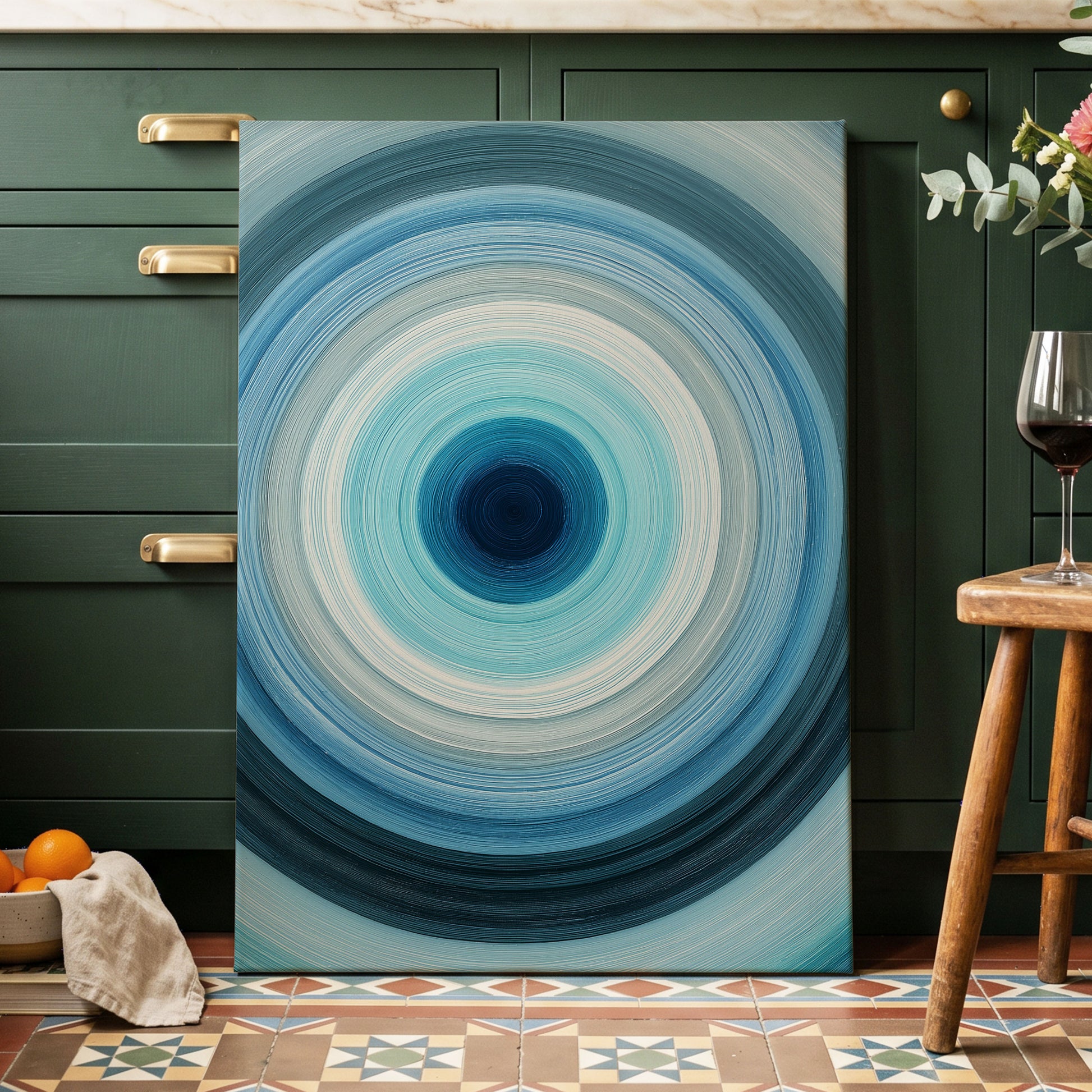 Cerulean Vortex, blue, white, gray abstract wall art displayed in a styled interior, gallery view 7