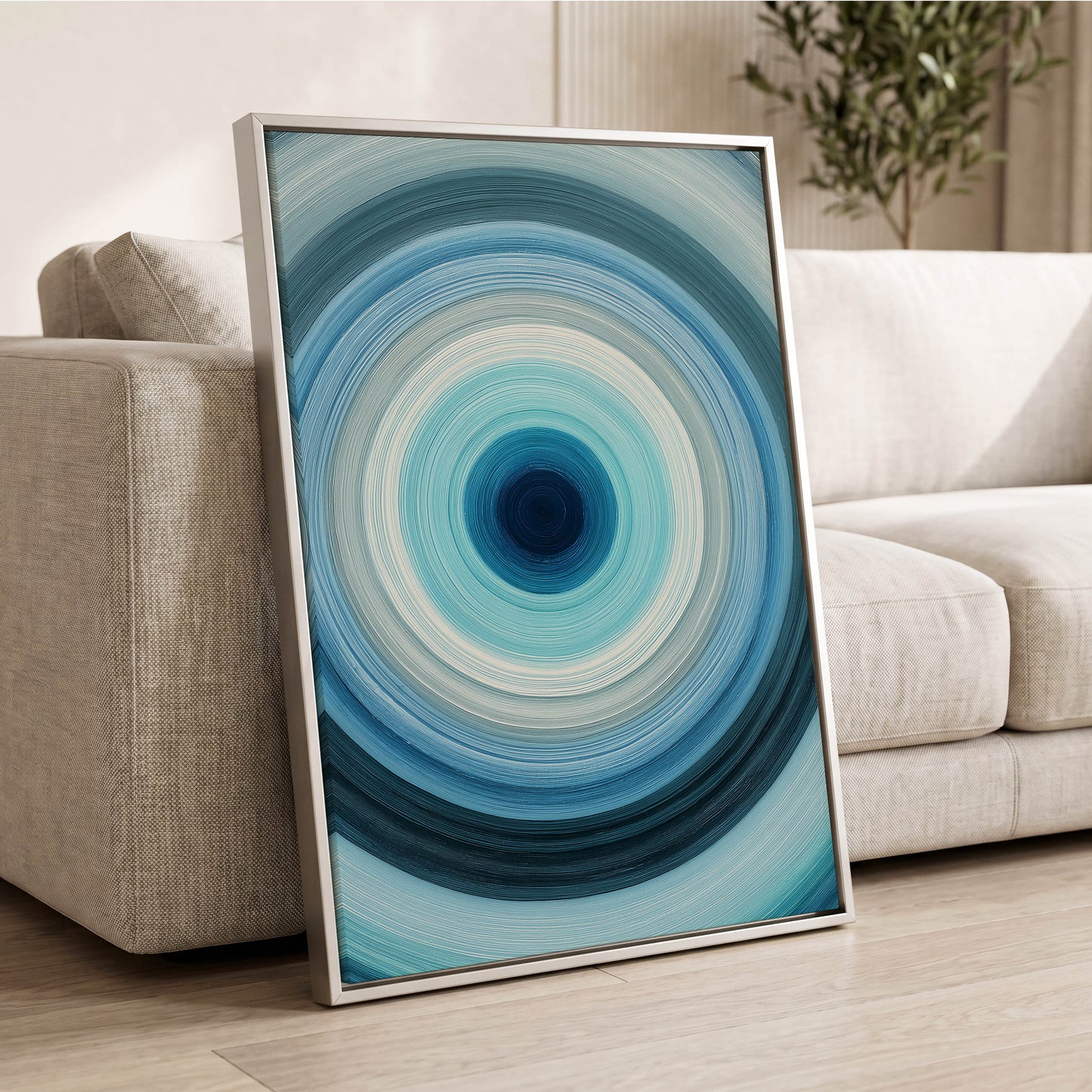 Cerulean Vortex, blue, white, gray abstract wall art displayed in a styled interior, gallery view 8
