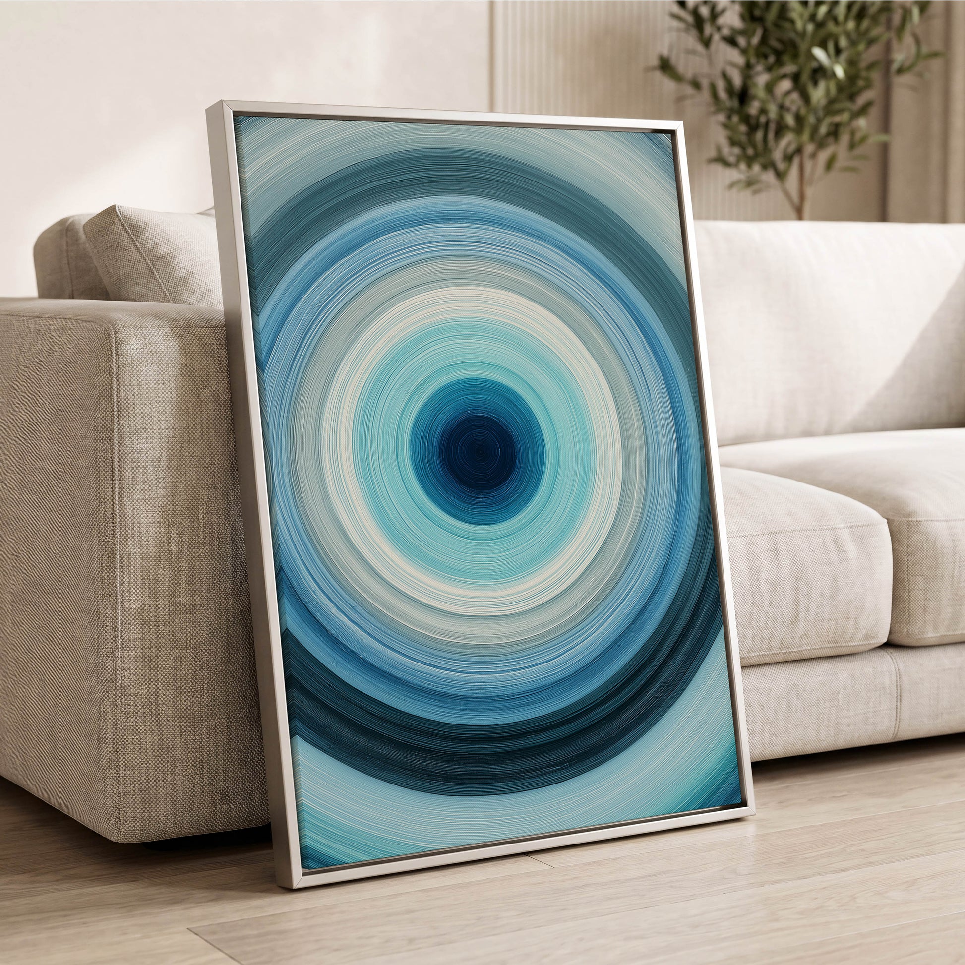 Cerulean Vortex, blue, white, gray abstract wall art displayed in a styled interior, gallery view 8