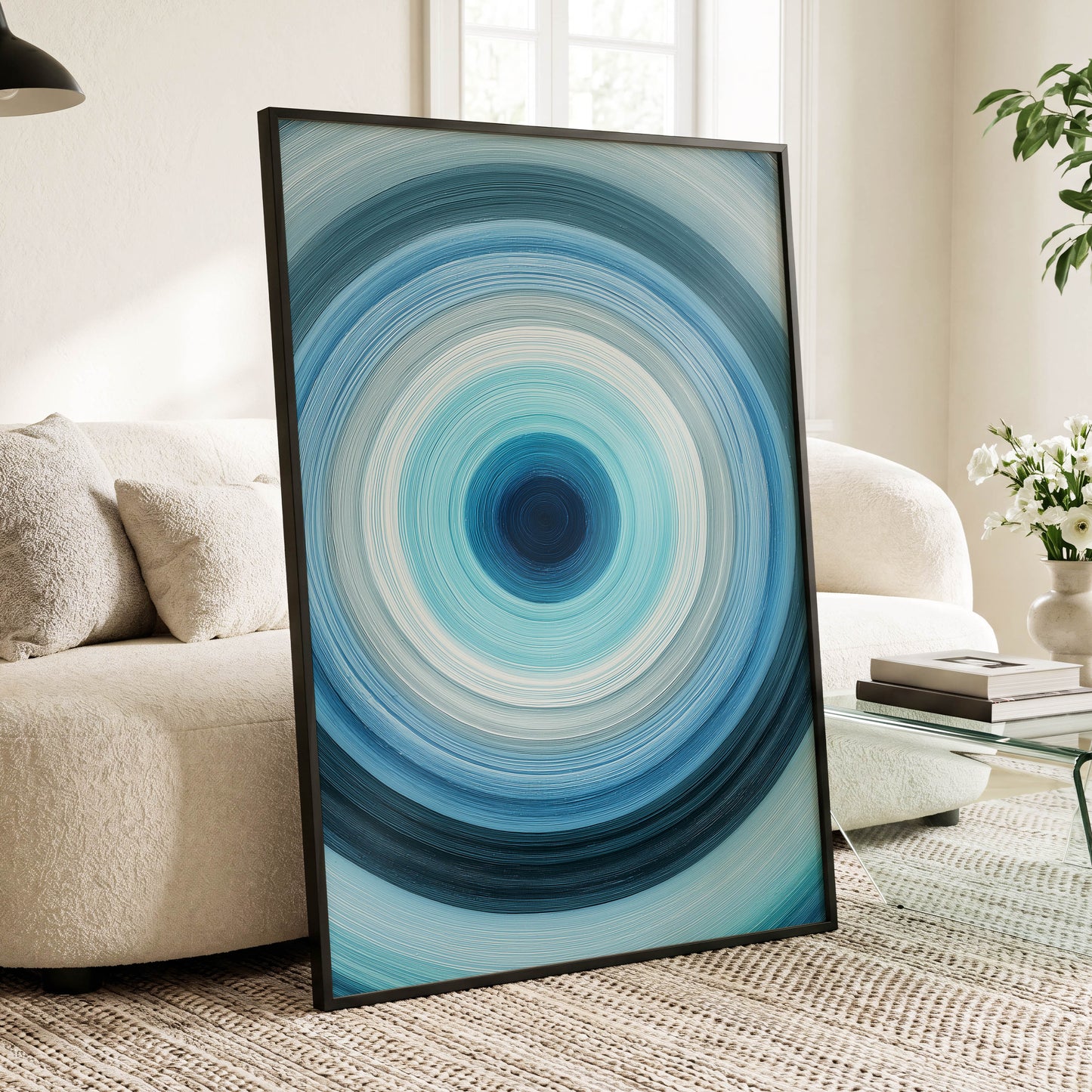 Cerulean Vortex, blue, white, gray abstract wall art displayed in a styled interior, gallery view 9