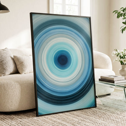Cerulean Vortex, blue, white, gray abstract wall art displayed in a styled interior, gallery view 9