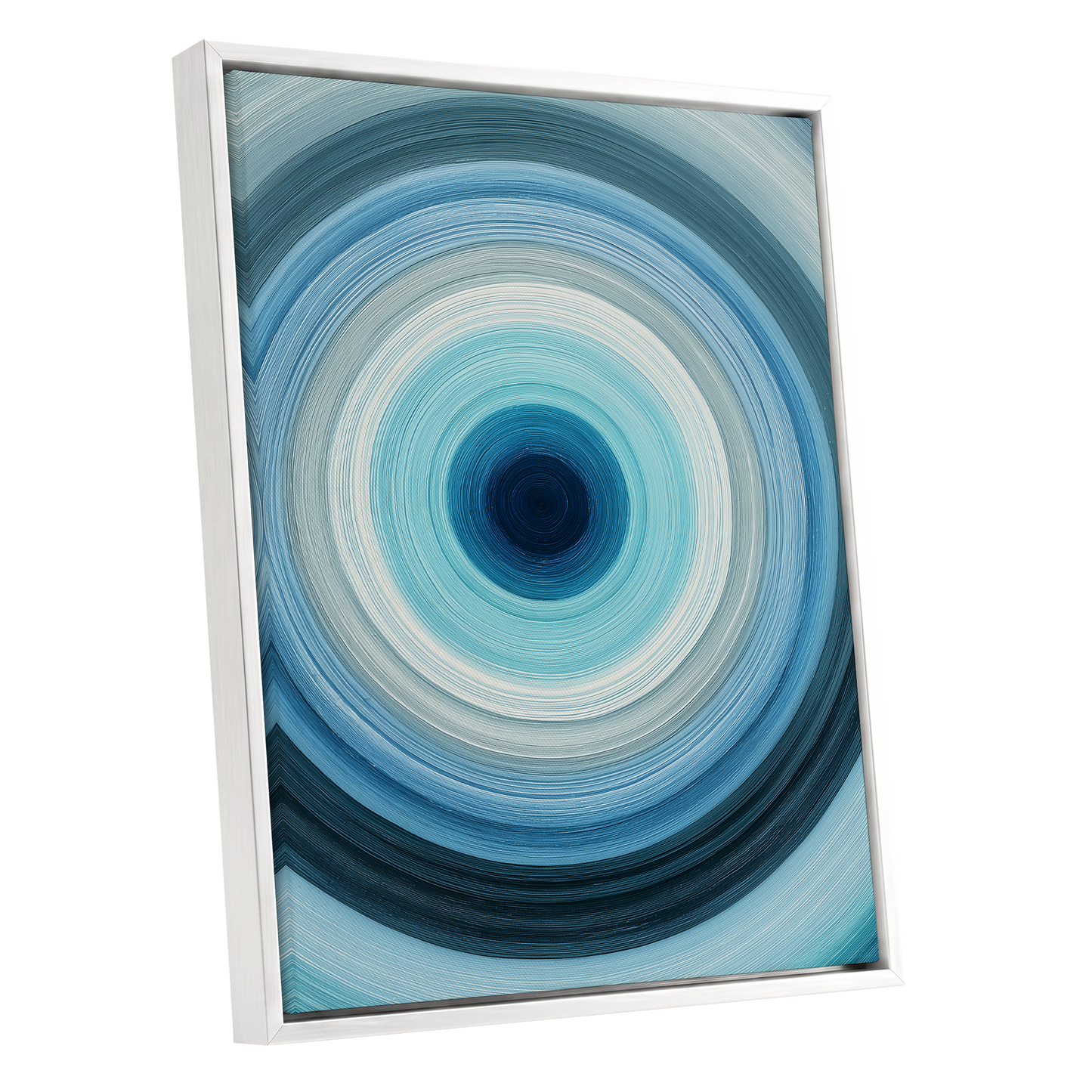 Cerulean Vortex, blue, white, gray abstract wall art shown as a white framed canvas wall art