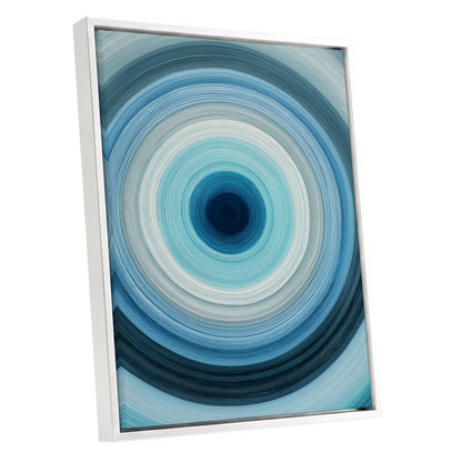 Cerulean Vortex, blue, white, gray abstract wall art shown as a white framed canvas wall art