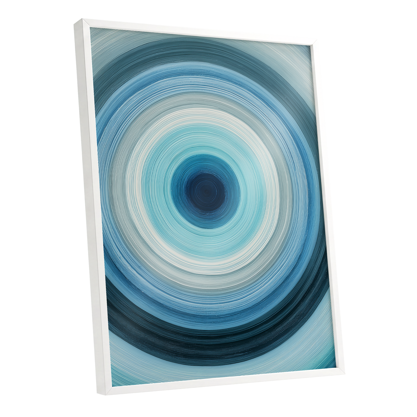 Cerulean Vortex, blue, white, gray abstract wall art shown as a white framed poster wall art print