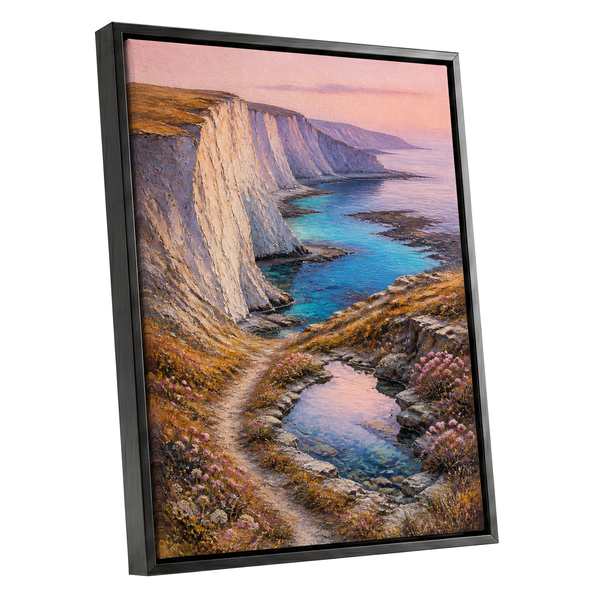 Chalk Coast Reverie, blue, pink, white nature wall art shown as a black framed canvas wall art