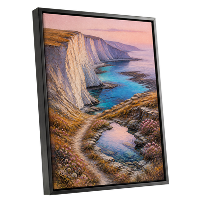 Chalk Coast Reverie, blue, pink, white nature wall art shown as a black framed canvas wall art
