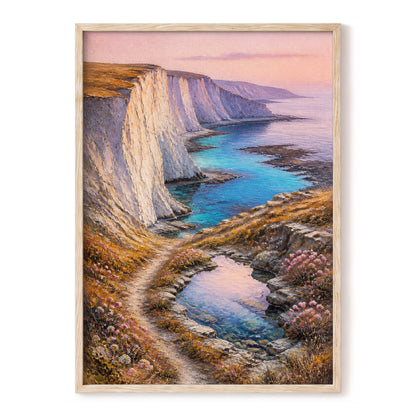 Chalk Coast Reverie, blue, pink, white nature wall art, front artwork view