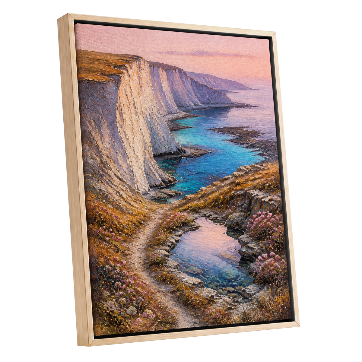 Chalk Coast Reverie, blue, pink, white nature wall art shown as a oak framed canvas wall art
