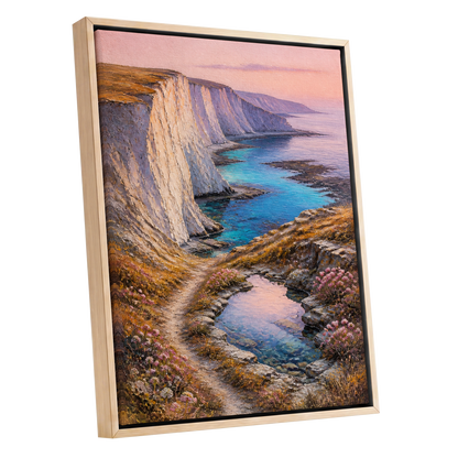 Chalk Coast Reverie, blue, pink, white nature wall art shown as a oak framed canvas wall art