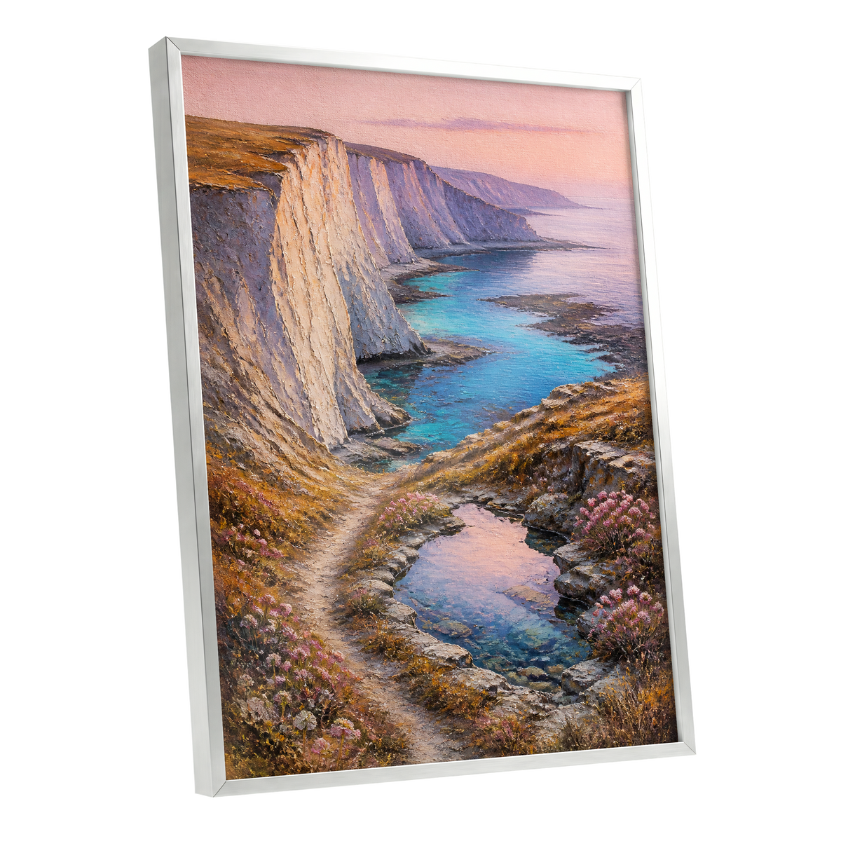 Chalk Coast Reverie, blue, pink, white nature wall art shown as a silver framed poster wall art print
