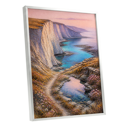 Chalk Coast Reverie, blue, pink, white nature wall art shown as a silver framed poster wall art print