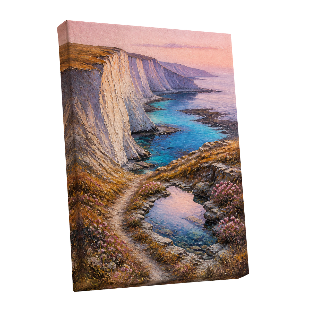 Chalk Coast Reverie, blue, pink, white nature wall art shown as a stretched canvas wall art