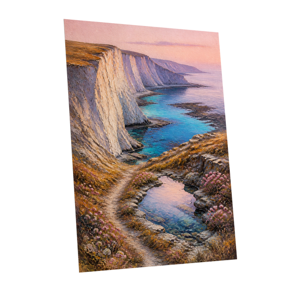 Chalk Coast Reverie, blue, pink, white nature wall art shown as a unframed poster wall art print