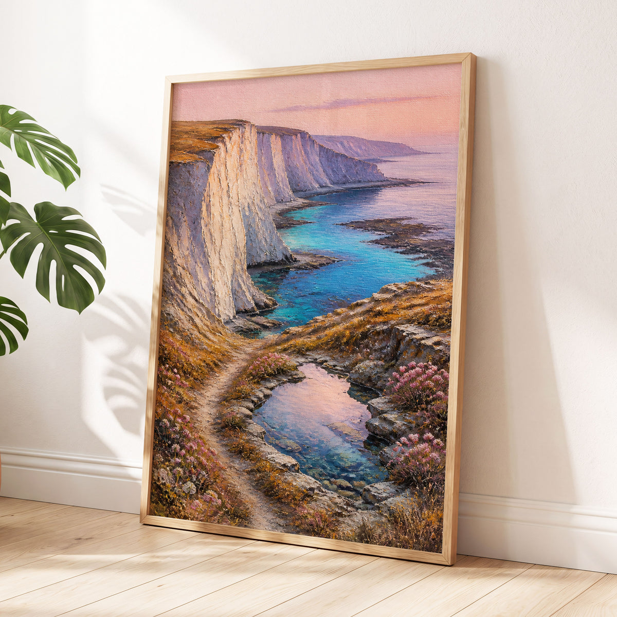 Chalk Coast Reverie, blue, pink, white nature wall art displayed in a styled interior, gallery view 2