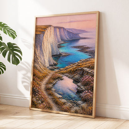 Chalk Coast Reverie, blue, pink, white nature wall art displayed in a styled interior, gallery view 2