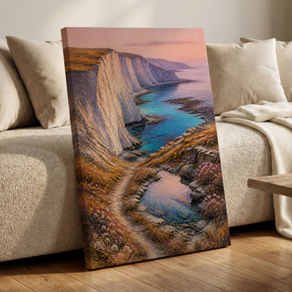 Chalk Coast Reverie, blue, pink, white nature wall art displayed in a styled interior, gallery view 3
